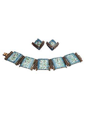 Mattise Renoir Blue Speckled Copper Enamel Panel Bracelet Clip-On Earrings J622
